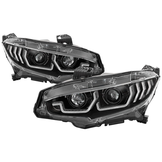 Spyder 16-18 Honda Civic 4 puertas con luces de giro secuenciales LED Proyector de faros - Negro - PRO-YD-HC16-SEQ-BK