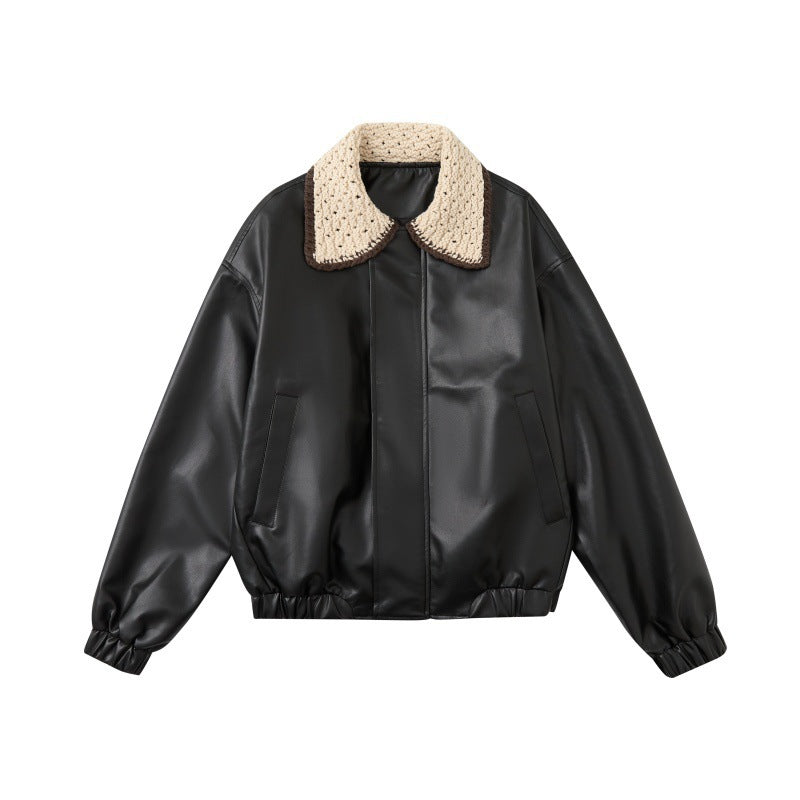 Color-blocked, Lapel-collar, Loose-fitting, Versatile, Trendy PU Leather Jacket For Couples