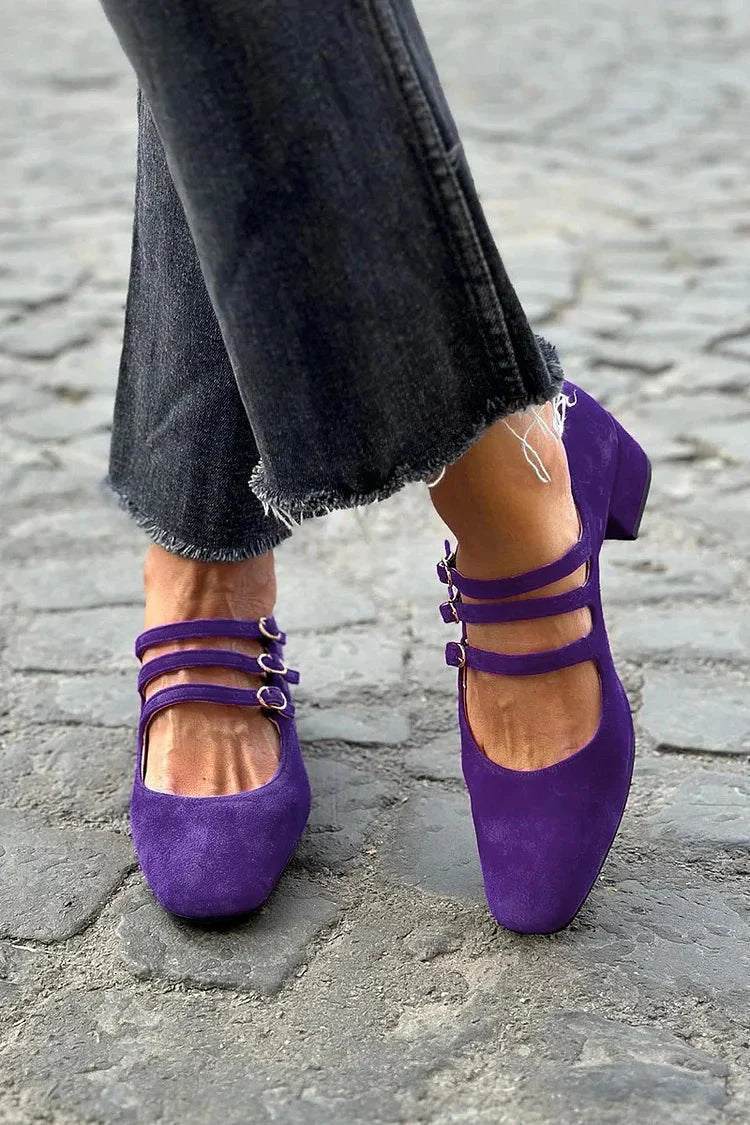 Women's Leather Square-Toe Chunky Heels