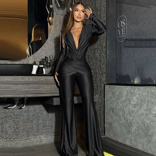 New Women's Fashion Sexy Deep V Long Sleeve Slim Fit Flared Jumpsuit
