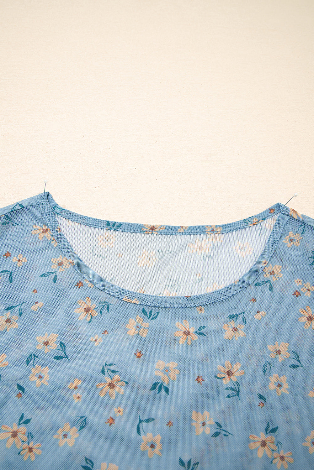 Top de manga larga de malla estilo sureño con estampado floral vintage azul cielo