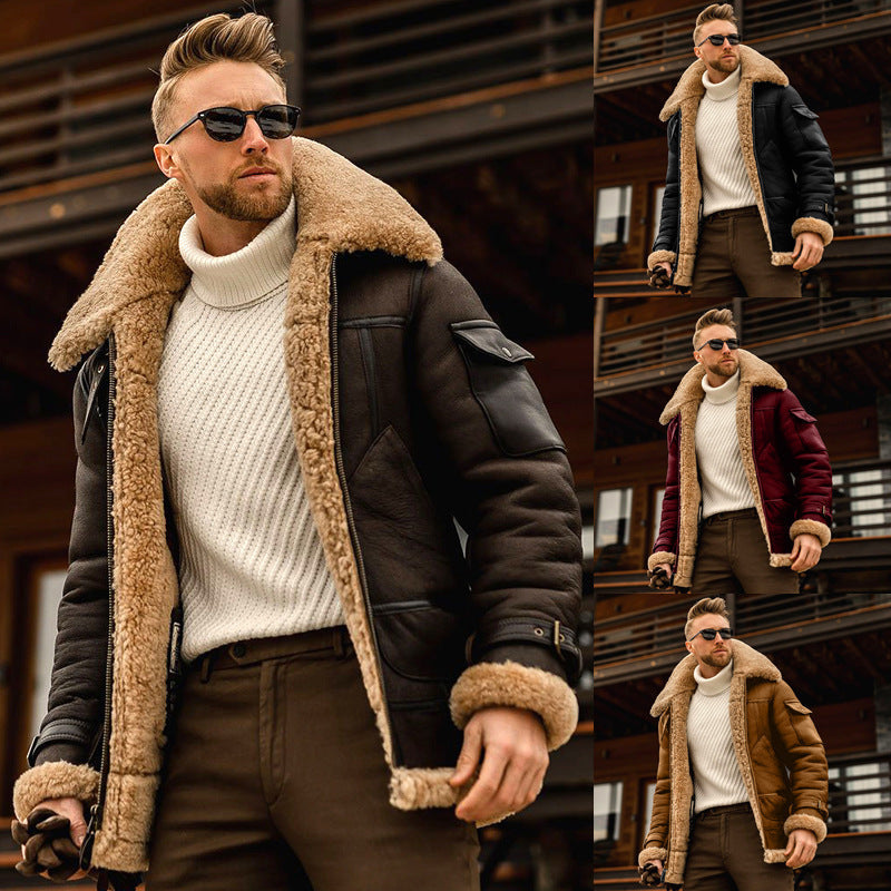 Men's Faux Fur-lined Thick Imitation Leather Jacket