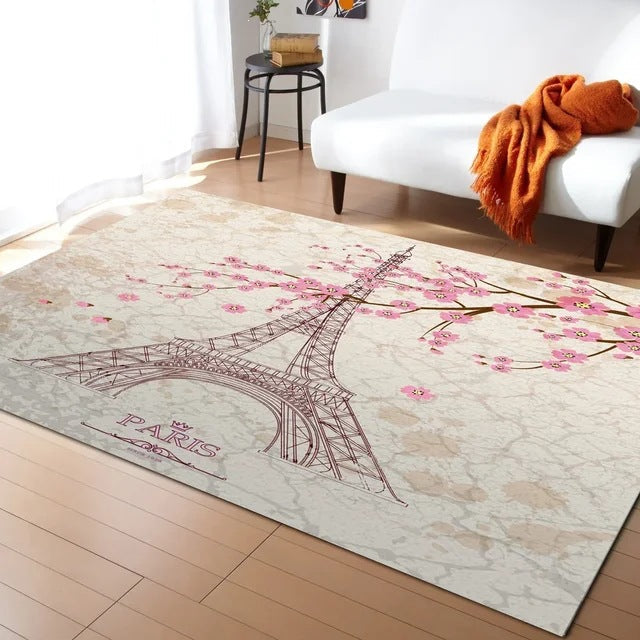Pastel Cherry Blossom And Crescent Moon Non-Slip Flannel Floor Mat Home Rug Decoration