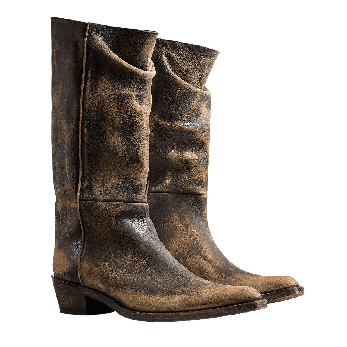Retro Mid-heel Boots With Pleated Detailing And A Distressed Finish Slip-on Style