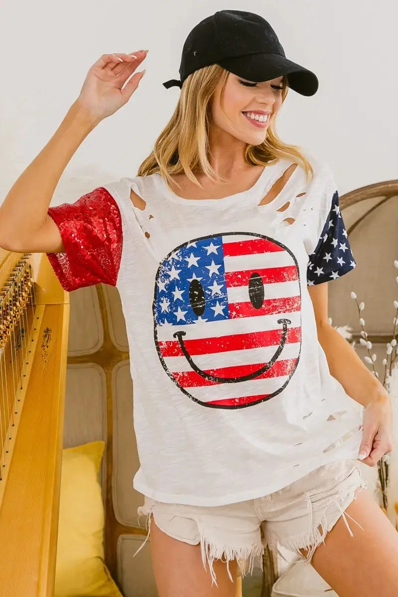 Women's Graphic T-Shirt Women's Tee - Laser Cut Smile Face - Patriotic Graphic T-Shirt