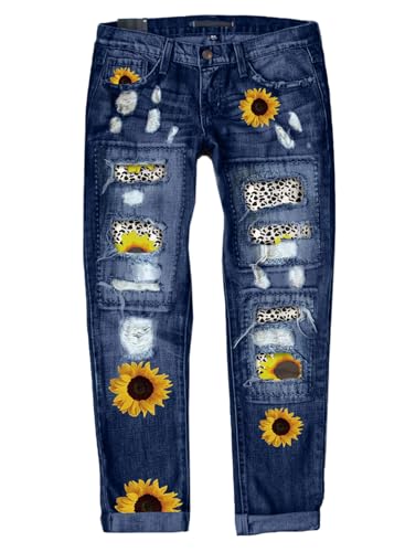 American Flag Pants - Astylish Womens Plaid Patch Ripped Boyfriend Distressed Stretch Skinny Denim Jeans with Hole