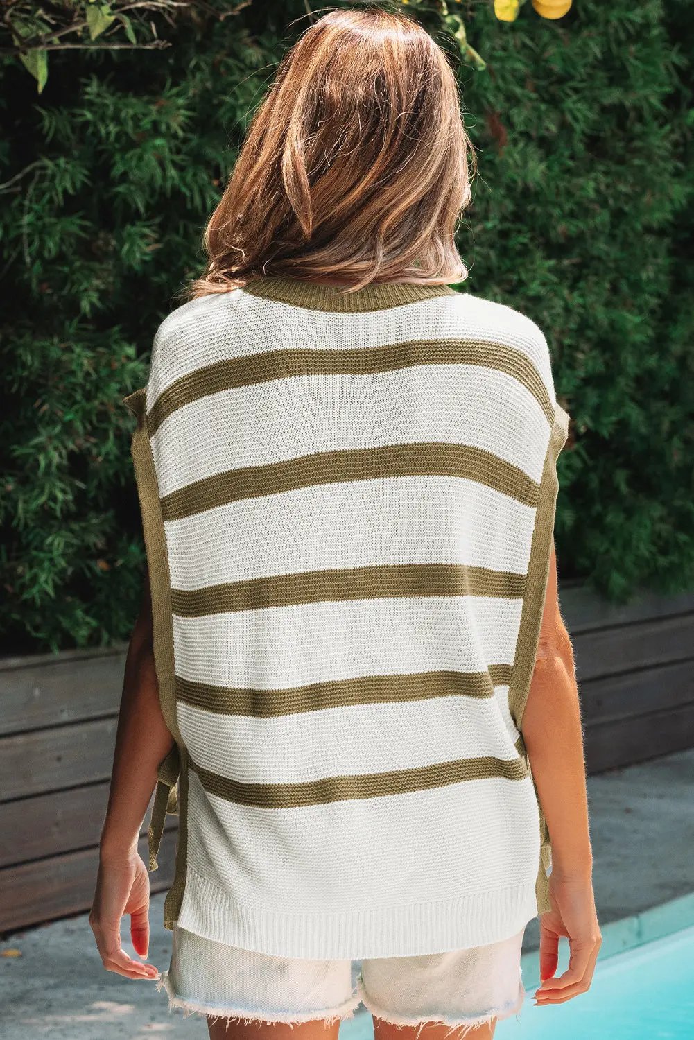 Sweaters Love Salve Khaki Stripe Sweater Women's Daily Knit Top Open Side Casual