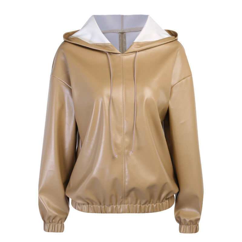 Sudadera de cuello redondo versátil de cuero para mujer Consulte la tabla de tallas en "más detalles"