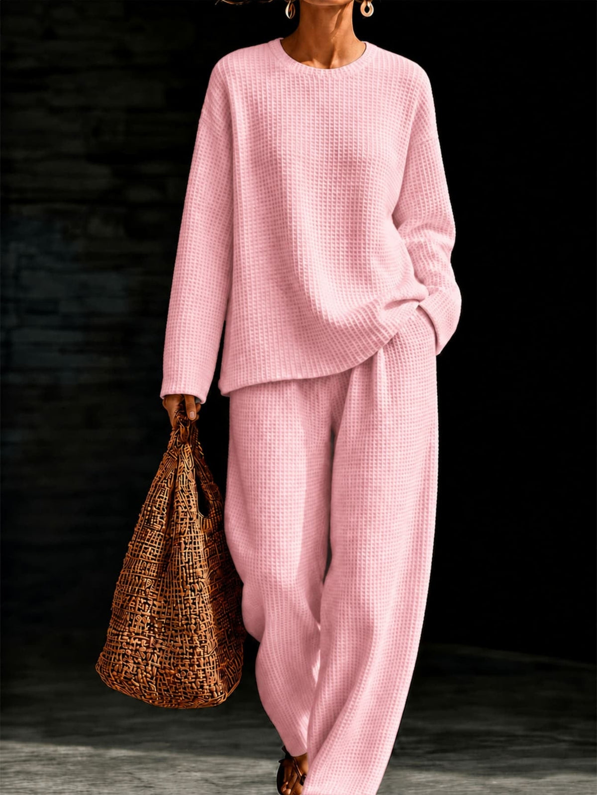 Women's Waffle Knit Oversized Crew-Neck Pullover & Relaxed Wide-Leg Trouser Lounge Co-ord Set