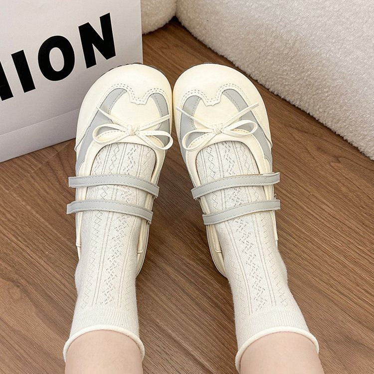 Women Sweet Bow Knot Double Strap Mary Jane Flats, Two Tone Spliced Round Toe Non Slip Casual Flat Shoes