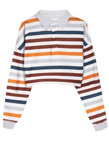 Natalie Winters Dress - Remidoo Women's Collared Half Button Long Sleeve Striped Crop Top Sweatshirt