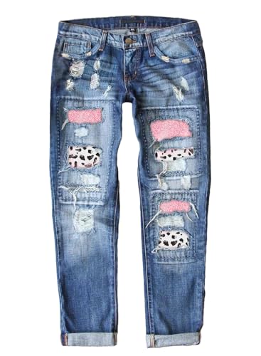 American Flag Pants - Astylish Womens Plaid Patch Ripped Boyfriend Distressed Stretch Skinny Denim Jeans with Hole