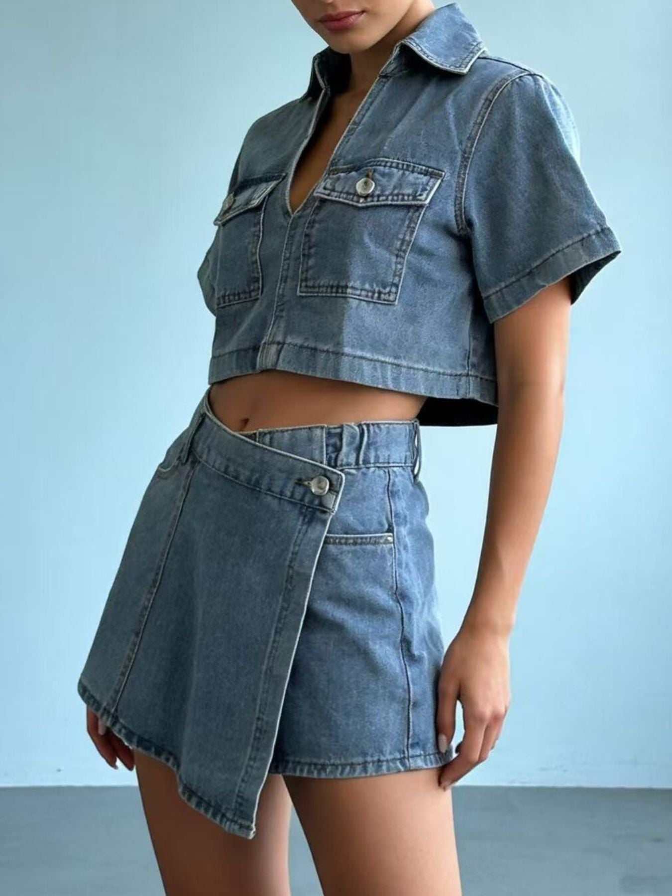 Short Sleeve Cropped Top and Skort Denim Set