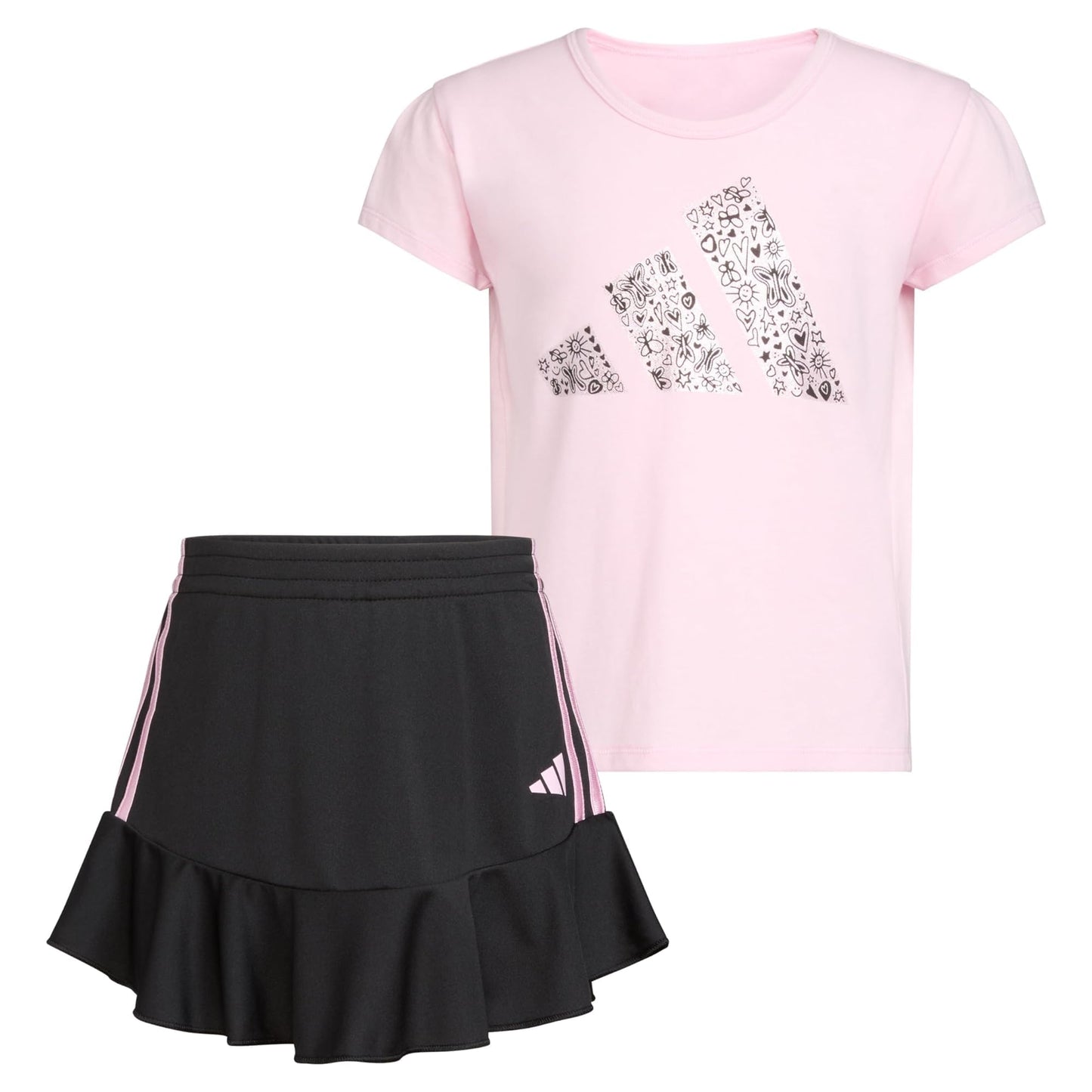 adidas Girls 2 Piece Ruffle Skort & T-Shirt Skirt Set Light Pink & Black