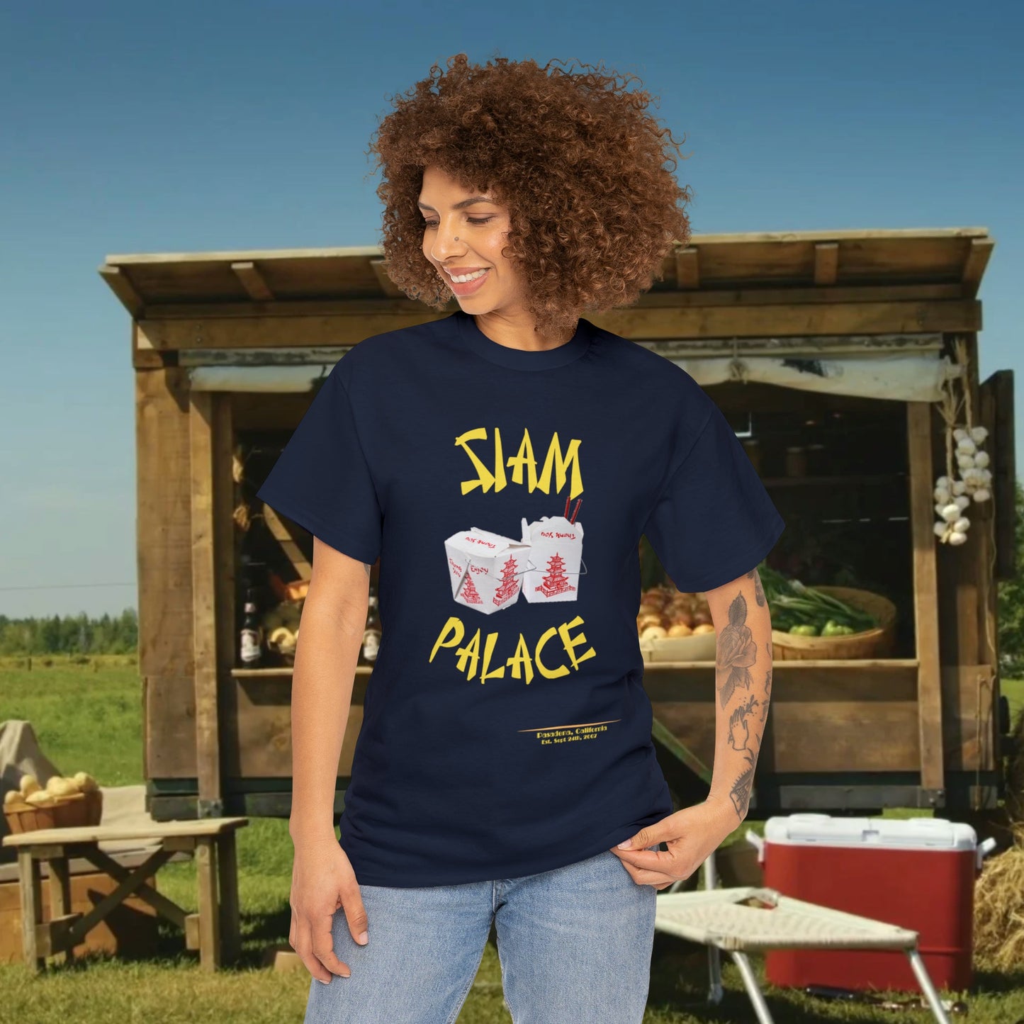 "DirkyThreadz Siam Palace T-Shirt - Bold Takeout Graphic Design in Black Cotton"