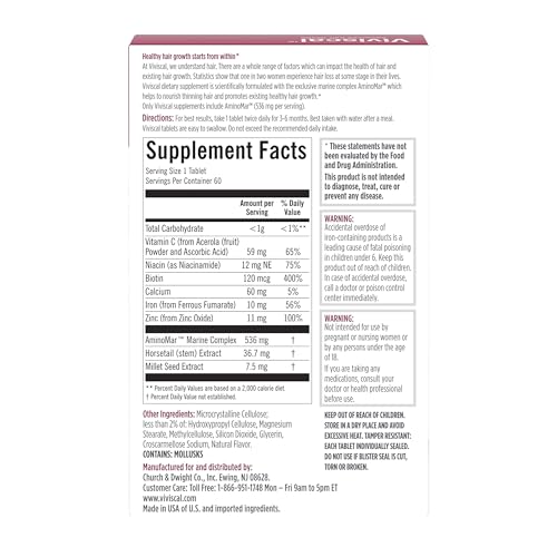 Suplementos Viviscal para el crecimiento del cabello para mujeres, para un cabello más grueso y voluminoso, nutre el cabello fino y con caída, con complejo de colágeno patentado, 180 tabletas, suministro para 3 meses