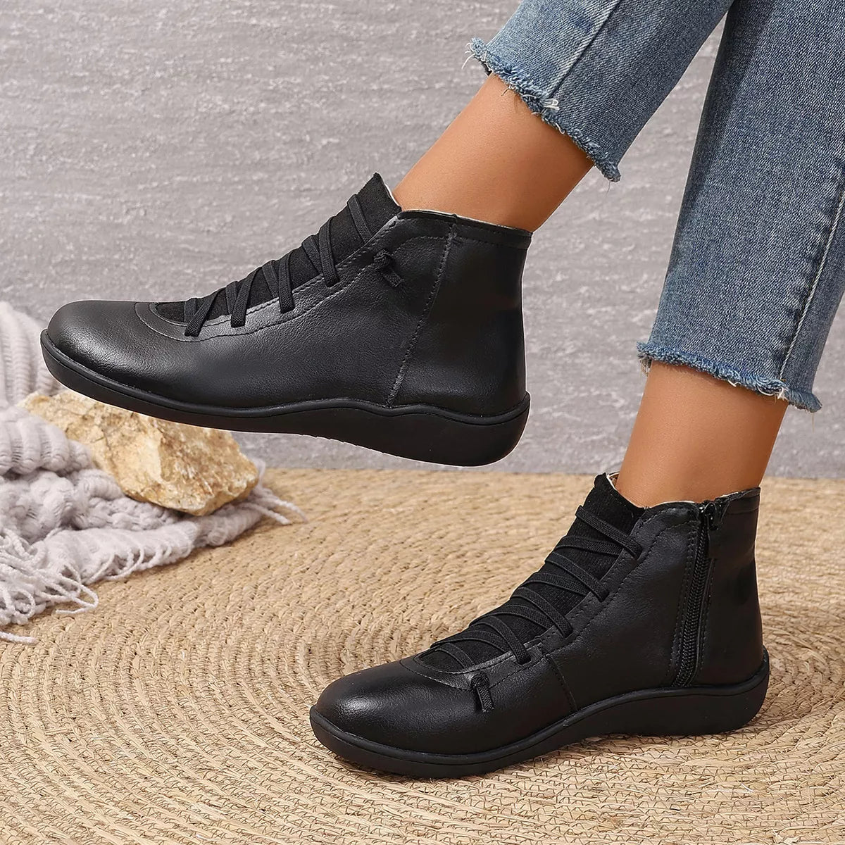 Lace-Up Faux Leather Ankle Boots