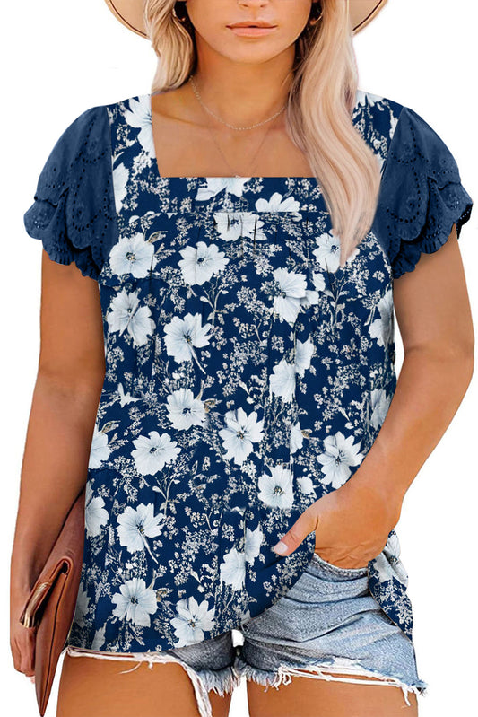 Blusa de manga con retales de encaje, escote cuadrado y estampado floral azul
