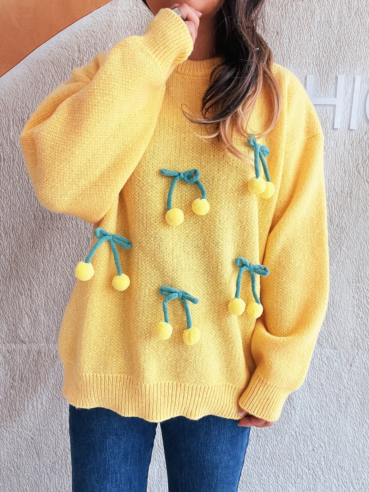 Cherry Round Neck Long Sleeve Sweater