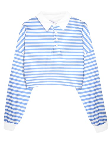 Natalie Winters Dress - Remidoo Women's Collared Half Button Long Sleeve Striped Crop Top Sweatshirt