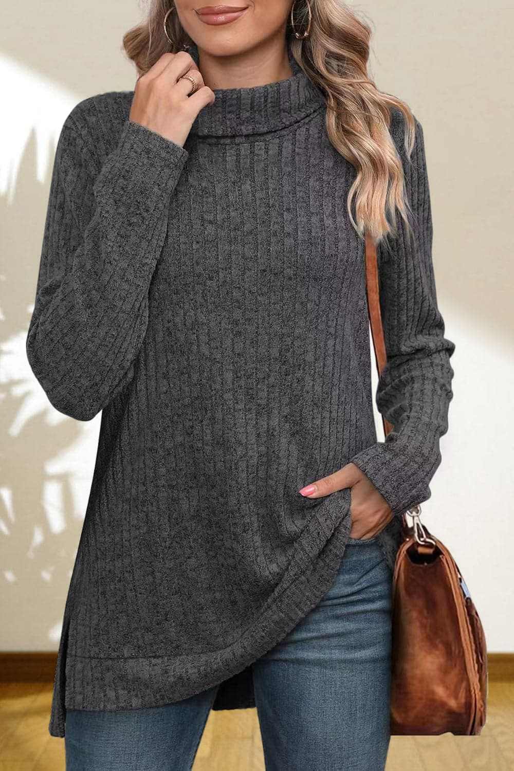 Sweater Pullovers Trendsi Chic high-low turtleneck top