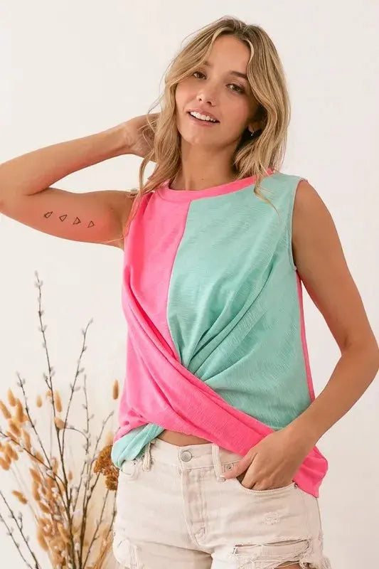Women's Tank Top - Slub Terry Color Block Twisted - Casual