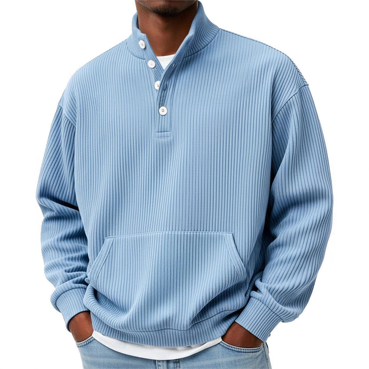 Mens Solid-Color Turtleneck Casual Long-Sleeve Polo Sweatshirt With Pockets For Men Spring Autumn Clothing Loose Button Polo Collar Tees Tops Man Outwear