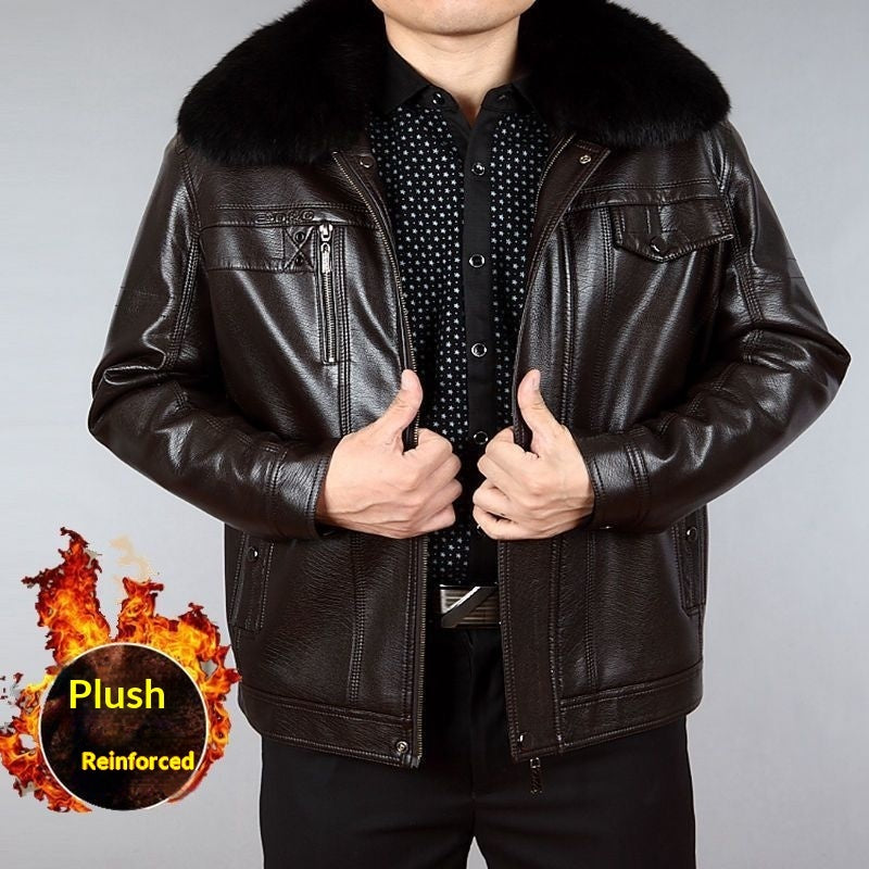 Mens Leather Jacket With Lapel And Fur Collar For Middle-Aged