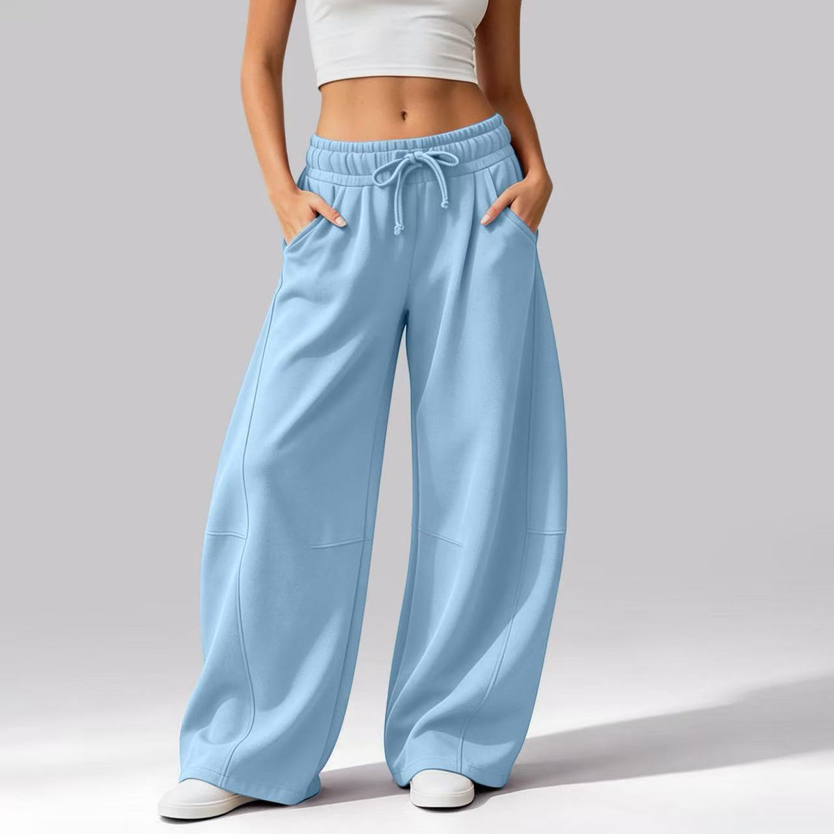 Women's Solid Color Casual Pocket Wide-Leg Pants, Fleece-Lined Drawstring Sweatpants