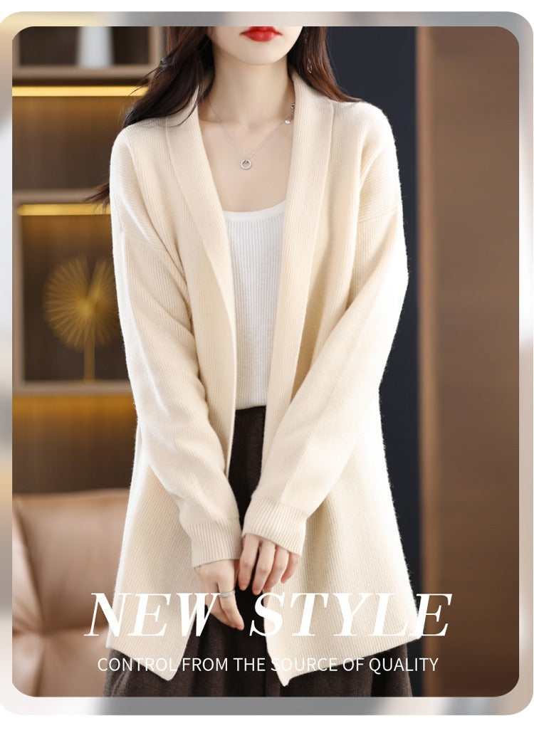 Womens Stylish Loose-fitting Mid-length Knit Cardigan