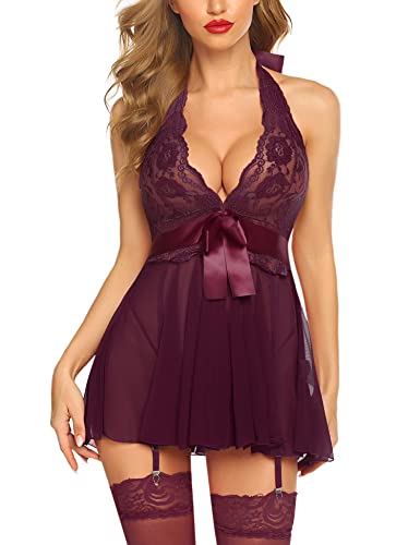 Christmas Costume - Avidlove Lingerie for Women Lace Babydoll Chemise Halter V Sexy Sleepwear with Garter Belt