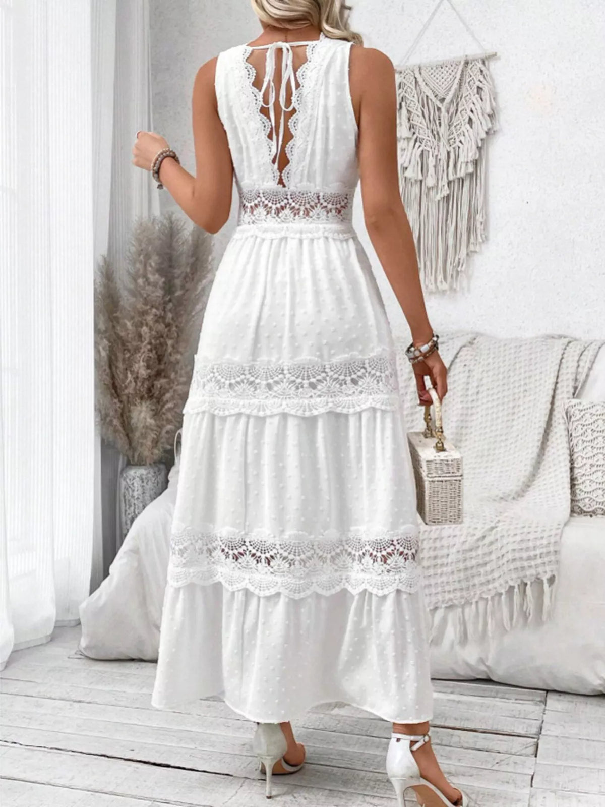 Full Size Lace Detail Tie Back Sleeveless Tiered Dress Plus Size