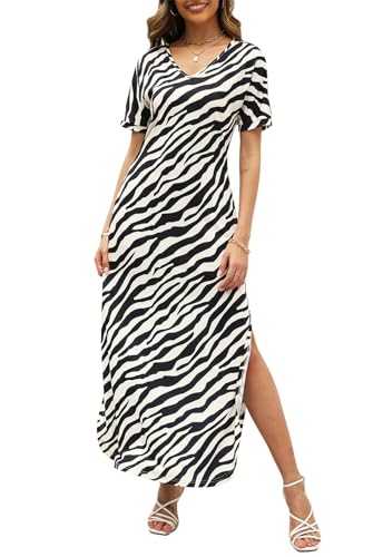 Vanya Maxi Dress in Zebra - Womens Summer V Neck Maxi Dress Casual Loose Split Dresses with Pockets MY128