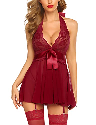 Christmas Costume - Avidlove Lingerie for Women Lace Babydoll Chemise Halter V Sexy Sleepwear with Garter Belt
