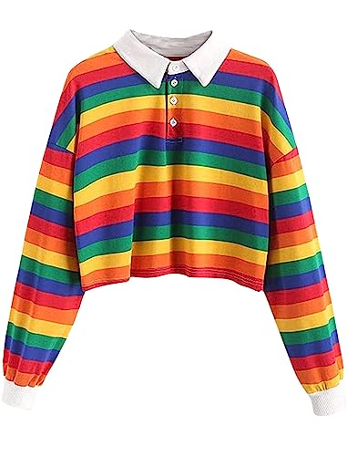 Natalie Winters Dress - Remidoo Women's Collared Half Button Long Sleeve Striped Crop Top Sweatshirt