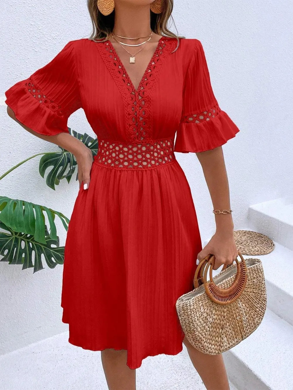 Cutout V-Neck Flounce Sleeve Mini Dress – Ruffled Lined Style