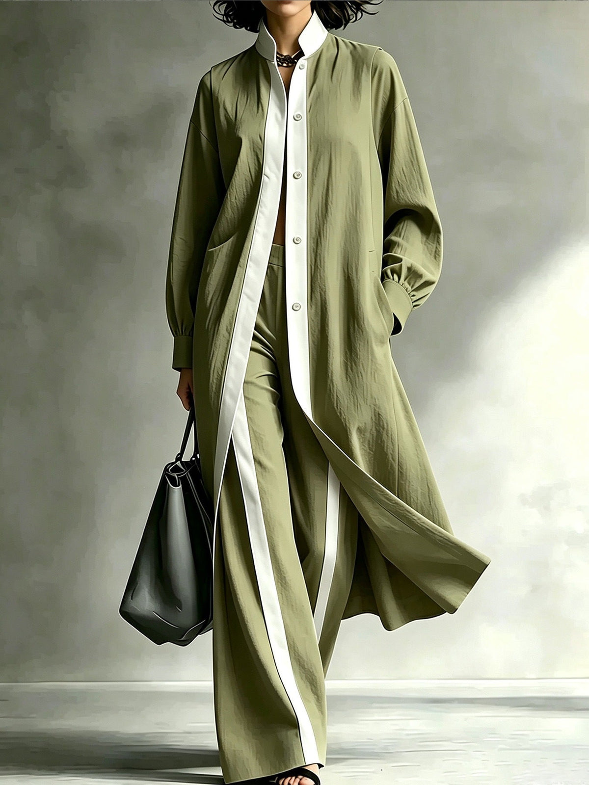 Womens Color-Block Loose-Fit Fashion Long-Sleeve Coat And Pants Set