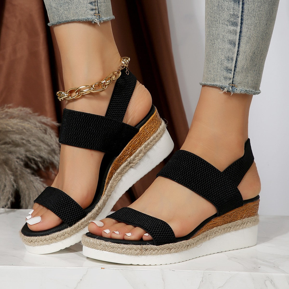 Peep Toe Plus Size Buckle Wedge Sandals