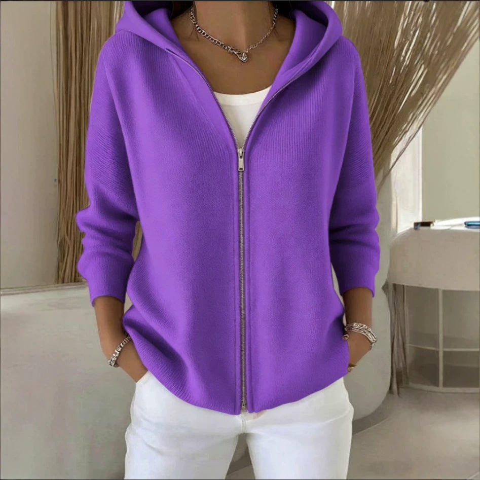 Zip-Up Knitted Hooded Cardigan Coat – Women’s Sweater