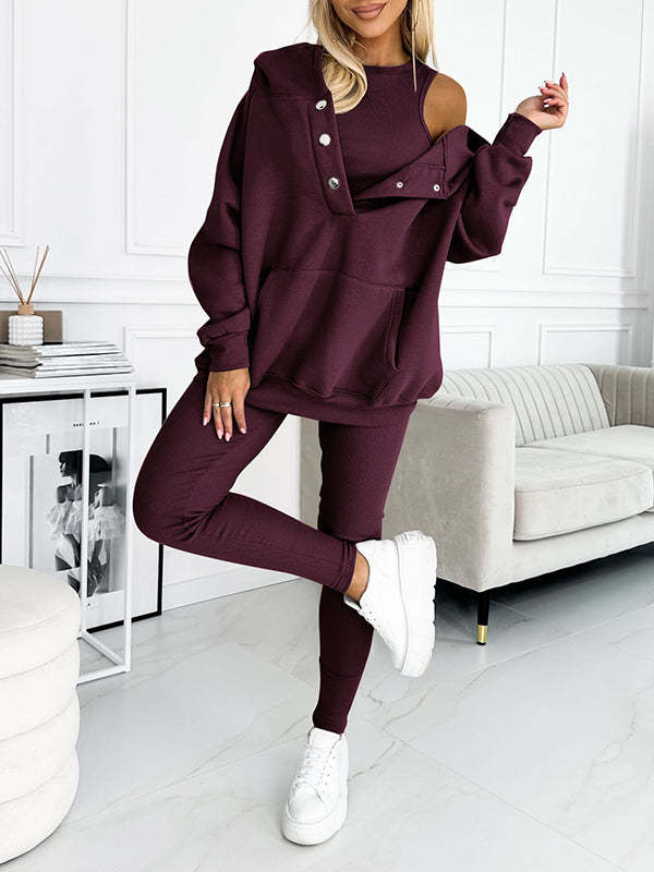 Sudadera informal con capucha, chaleco ajustado con hilo engrosado y pantalones, conjunto de tres piezas. Consulta la tabla de tallas en "más detalles".