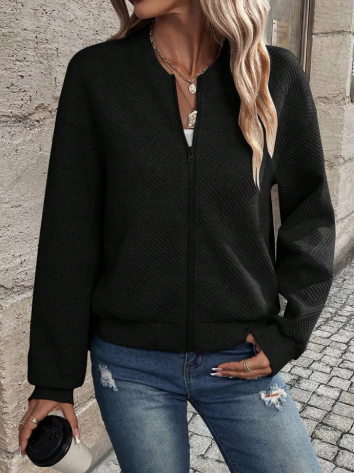 Textured Knit Zip-Up Bomber Jacket