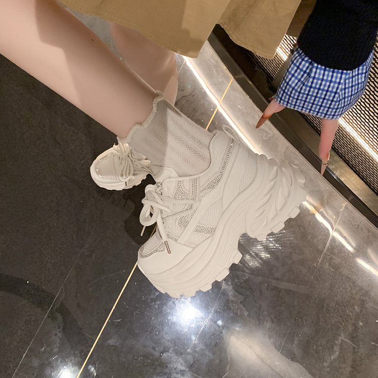 2026 New Arrival Platform Rhinestone Chunky Sneakers Women, Height Increasing 8.5cm Mesh Upper Breathable White Sneakers Versatile Casual Shoes