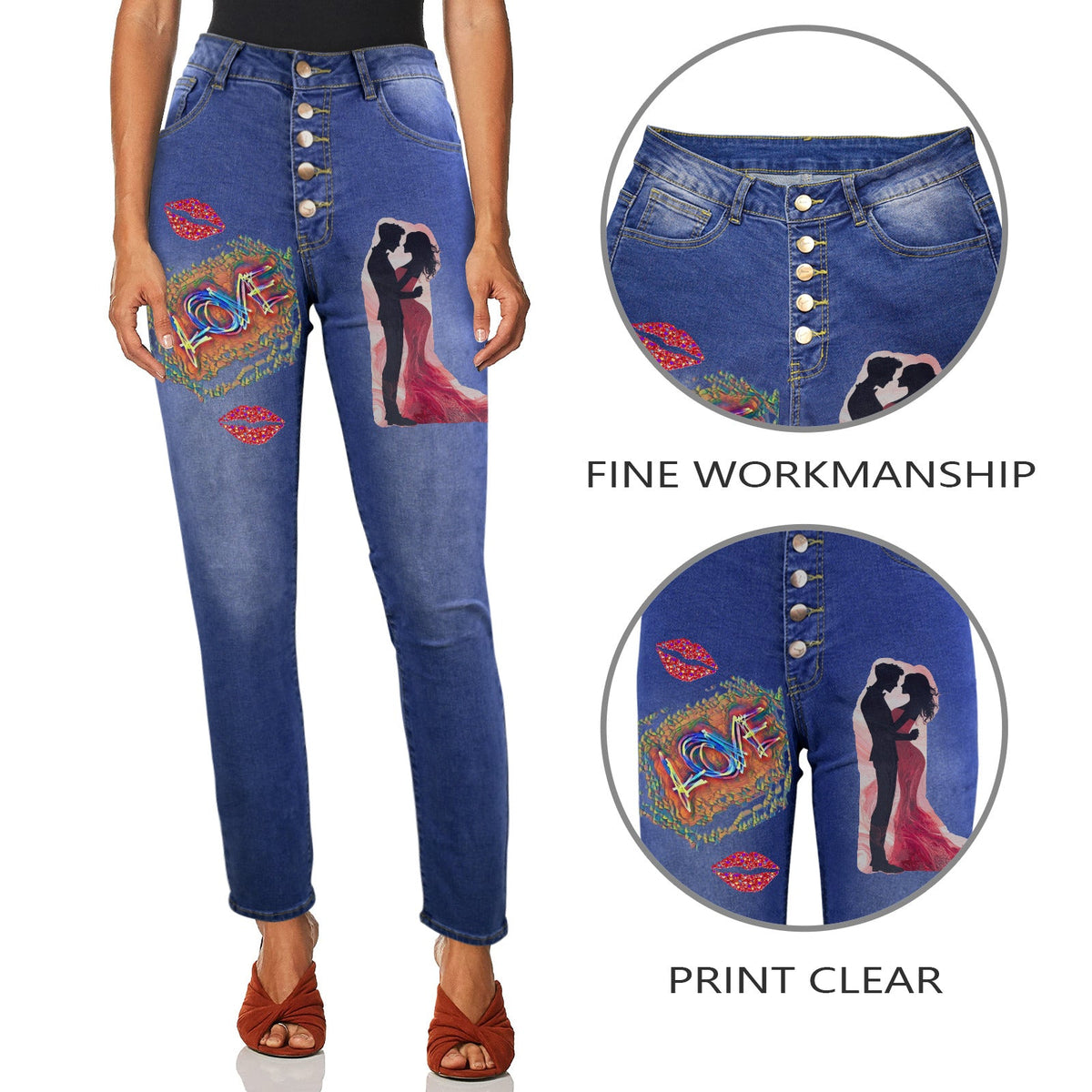 Women's Couple in Love Decorated Jeans with Front Printing