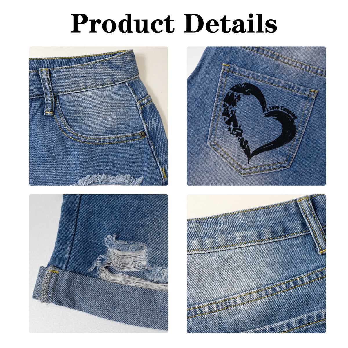 I Love Camping Light Blue Denim Shorts with Dual Pockets Design