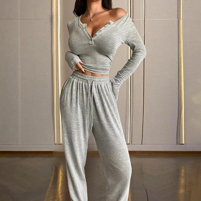Women's Solid Color Fall&Winter Pants Set - Sexy V-Neck Button-Up Fitted Long Sleeve T-Shirt & High-Waist Flared Wide-Leg Stretchy Pants