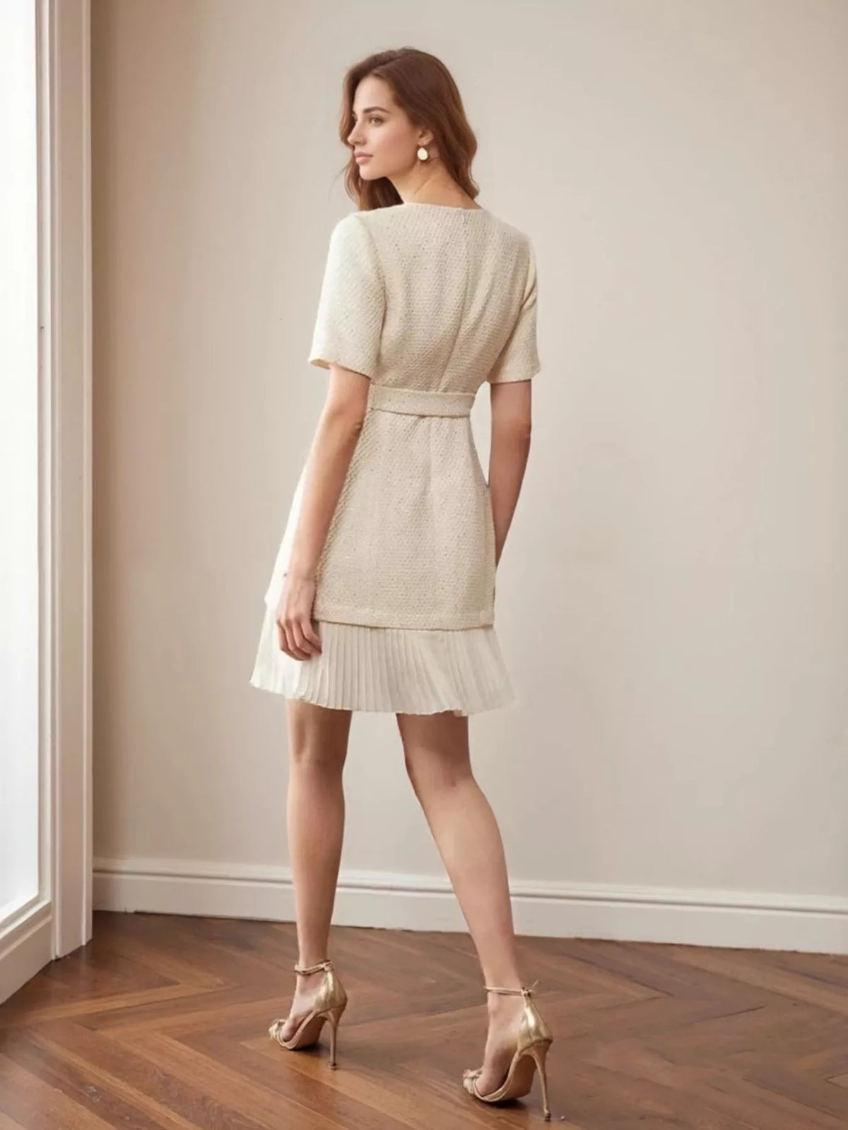 Pleated Hem Round Neck Dress