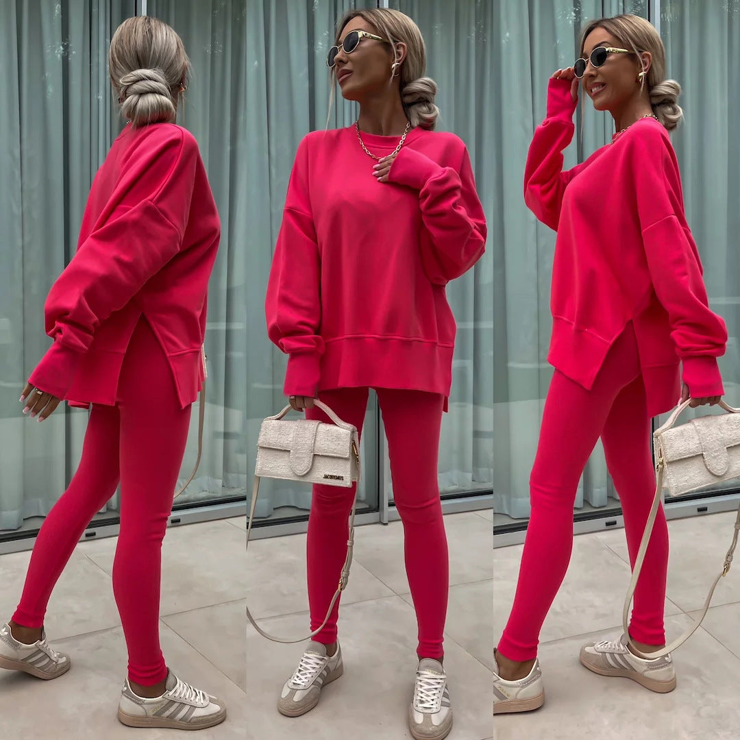 Traje de suéter informal para mujer – Conjunto de top suelto con aberturas y pantalones ajustados