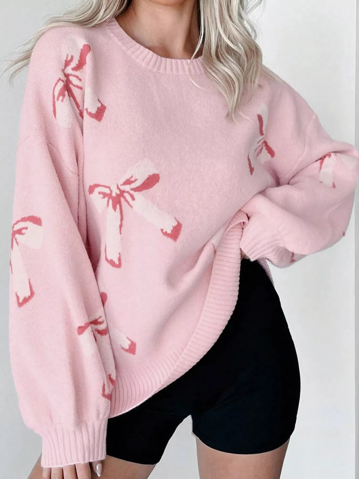 Bow Round Neck Dropped Shoulder Sweater