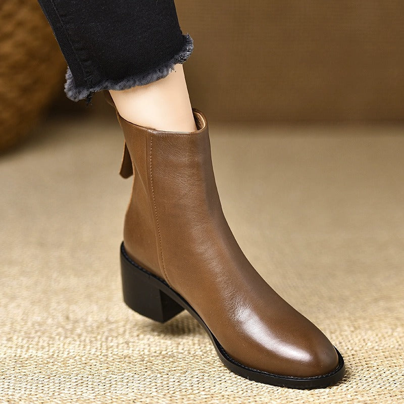 Retro Chunky-heel Ankle Boots For Women Round Toe Versatile