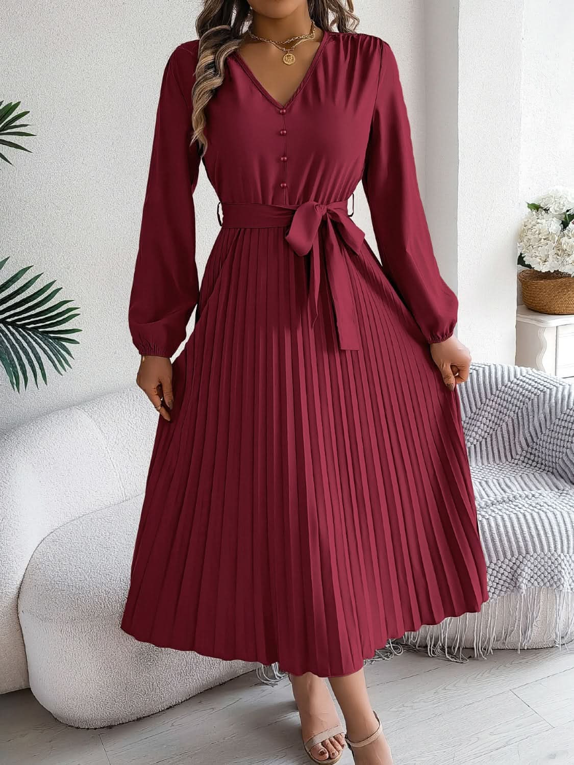 Dresses Trendsi V-Neck Dress Women's Elegant Long Sleeve Sheer Tie Dress Fashion